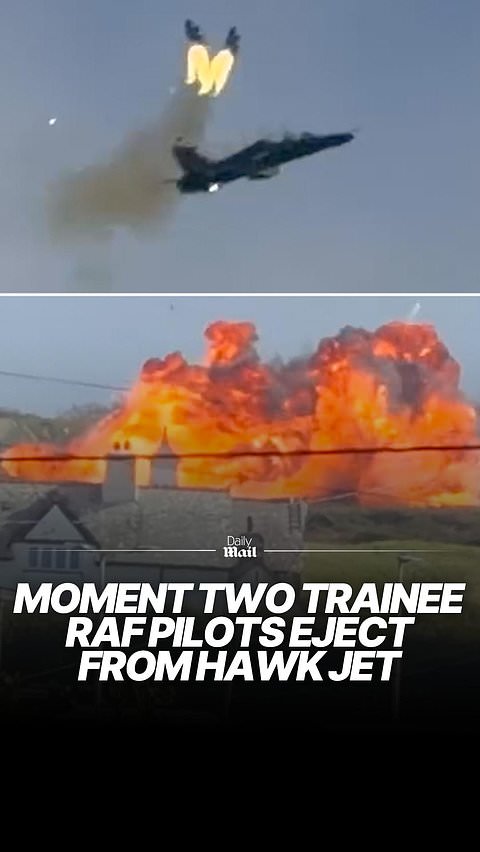 Moment two trainee RAF pilots eject from Hawk jet