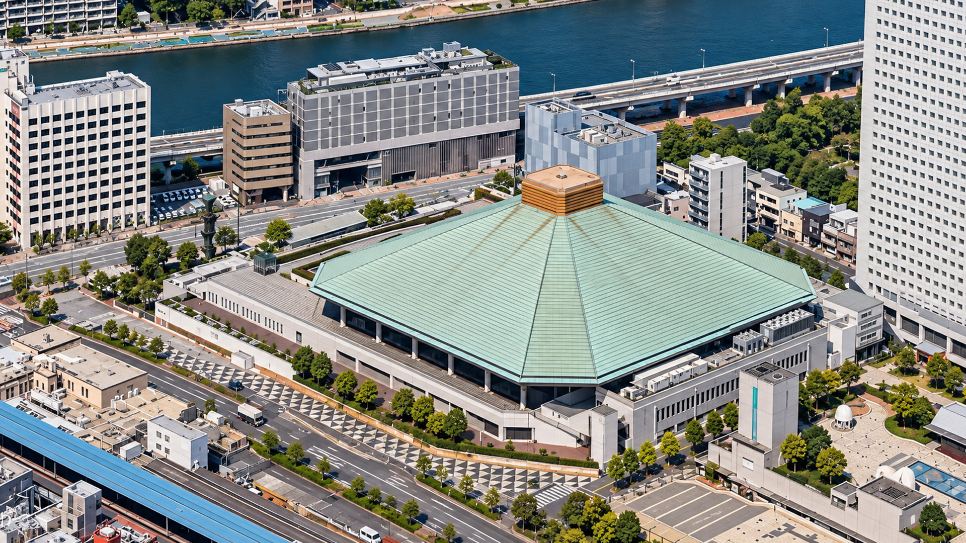 Tokyo cityscape around Ryogoku Kokugikan National Sumo Arena