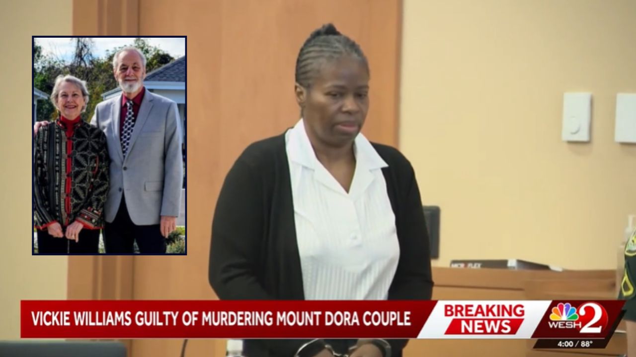 Inset: Sharon Getman and Darryl Getman (Mount Dora Police Department). Background: Vickie Williams during her murder trial in Florida (WESH).