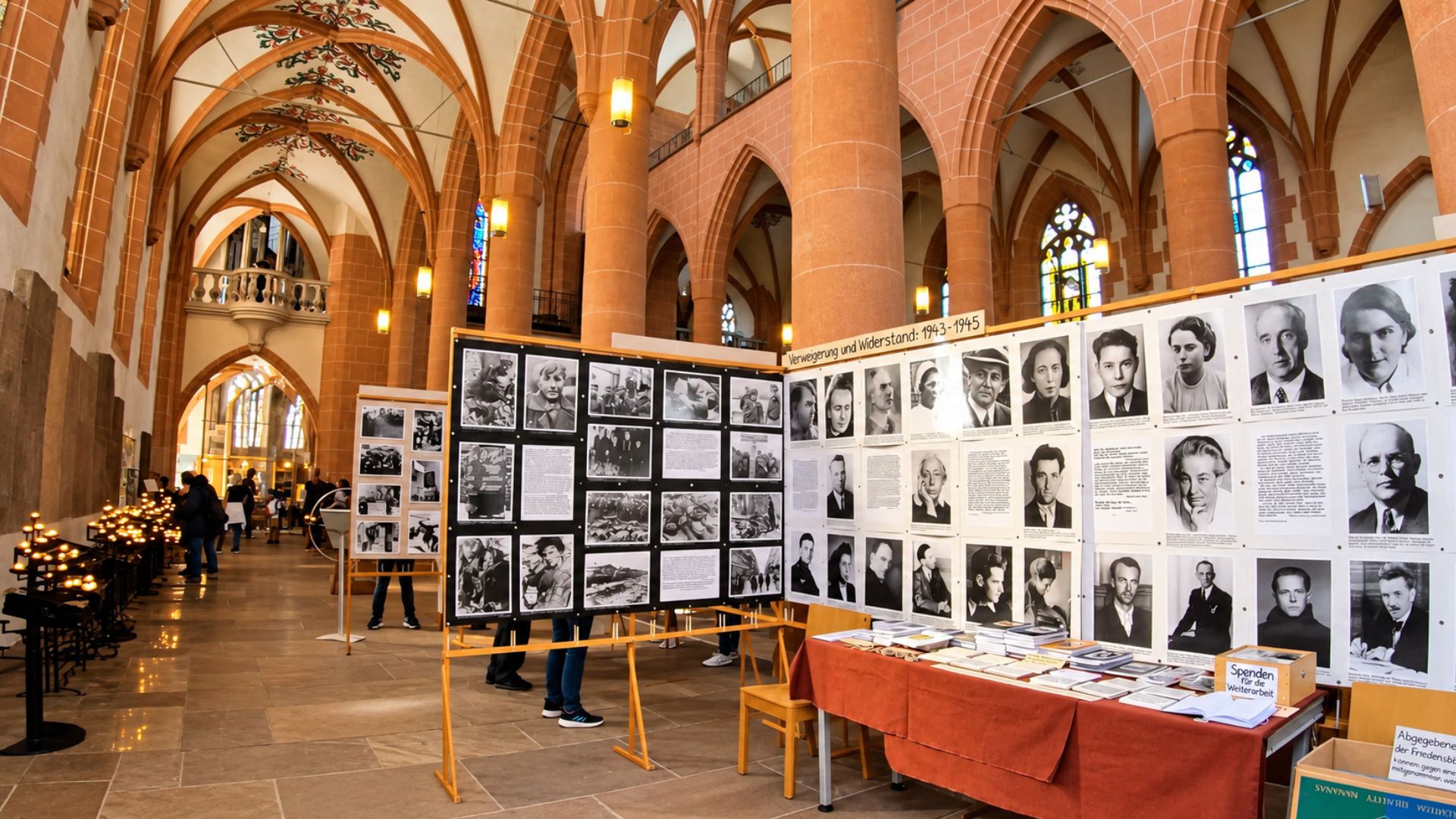 Wartime resistance exhibit inside a historic Heidelberg church (4K)