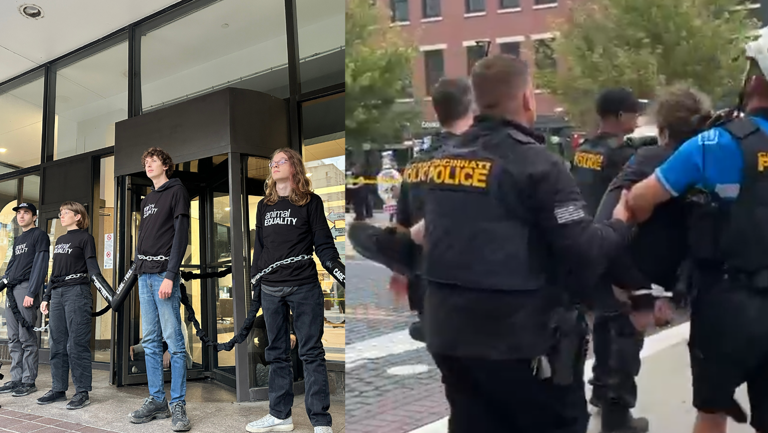 Police: 9 arrested after protesters chain themselves to Kroger headquarters