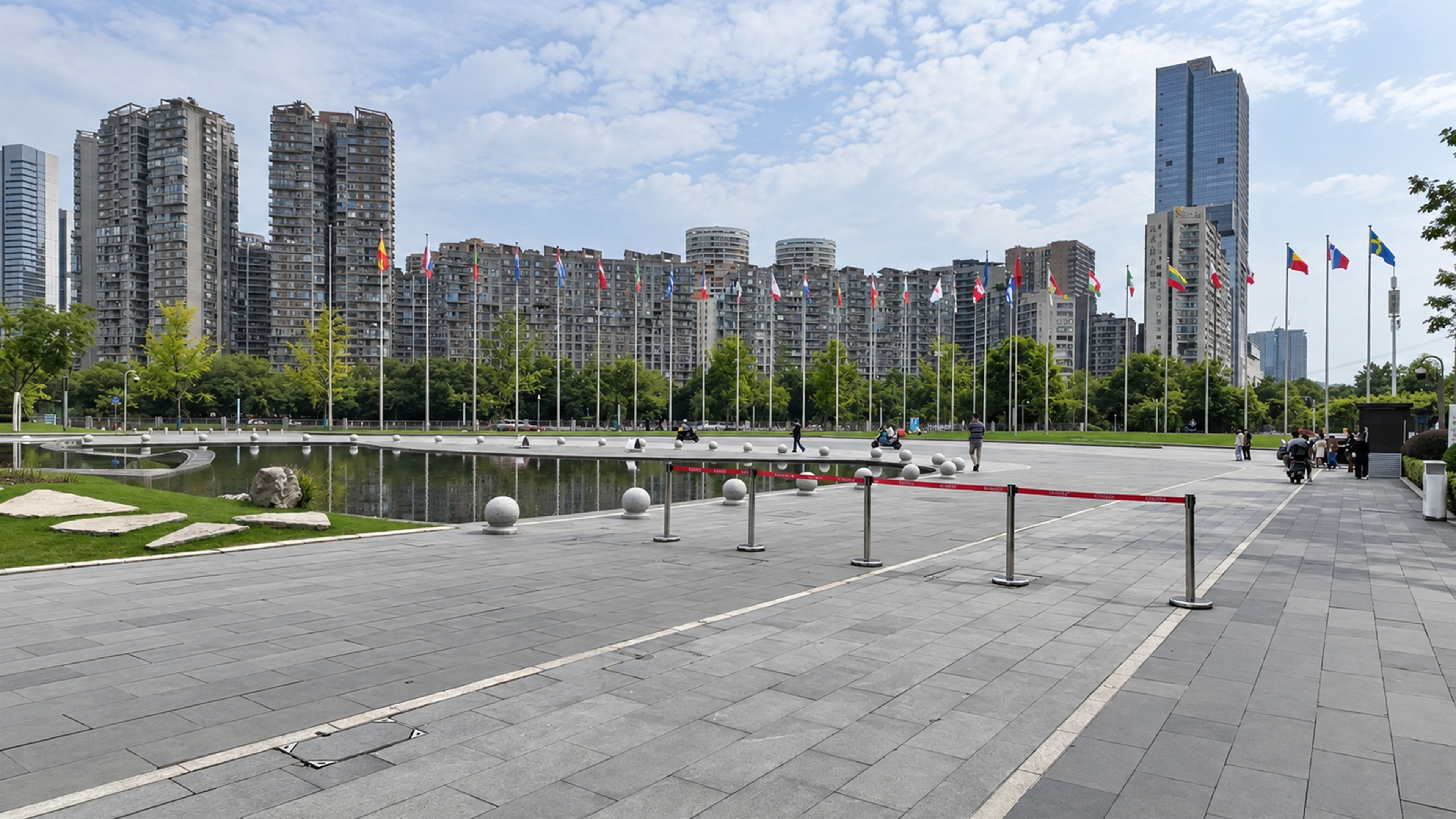 A modern Chengdu plaza surrounded by high rise apartments