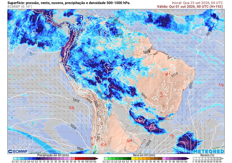 Previsão de chuva para quinta-feira (1), segundo o ECMWF.
