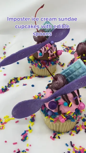 Colorful ice cream sundae cupcakes topped with edible spoons
