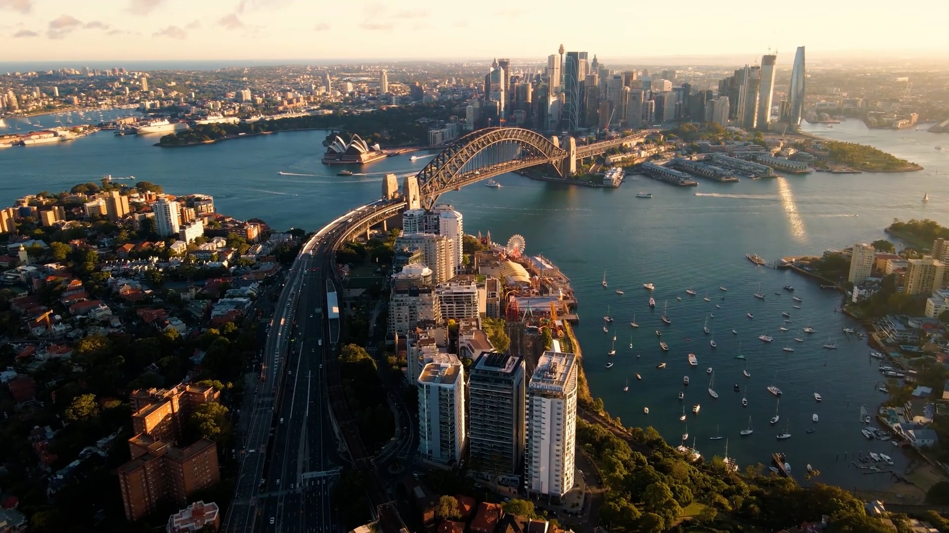 Sydney’s Opera House and Harbour Bridge seen from above