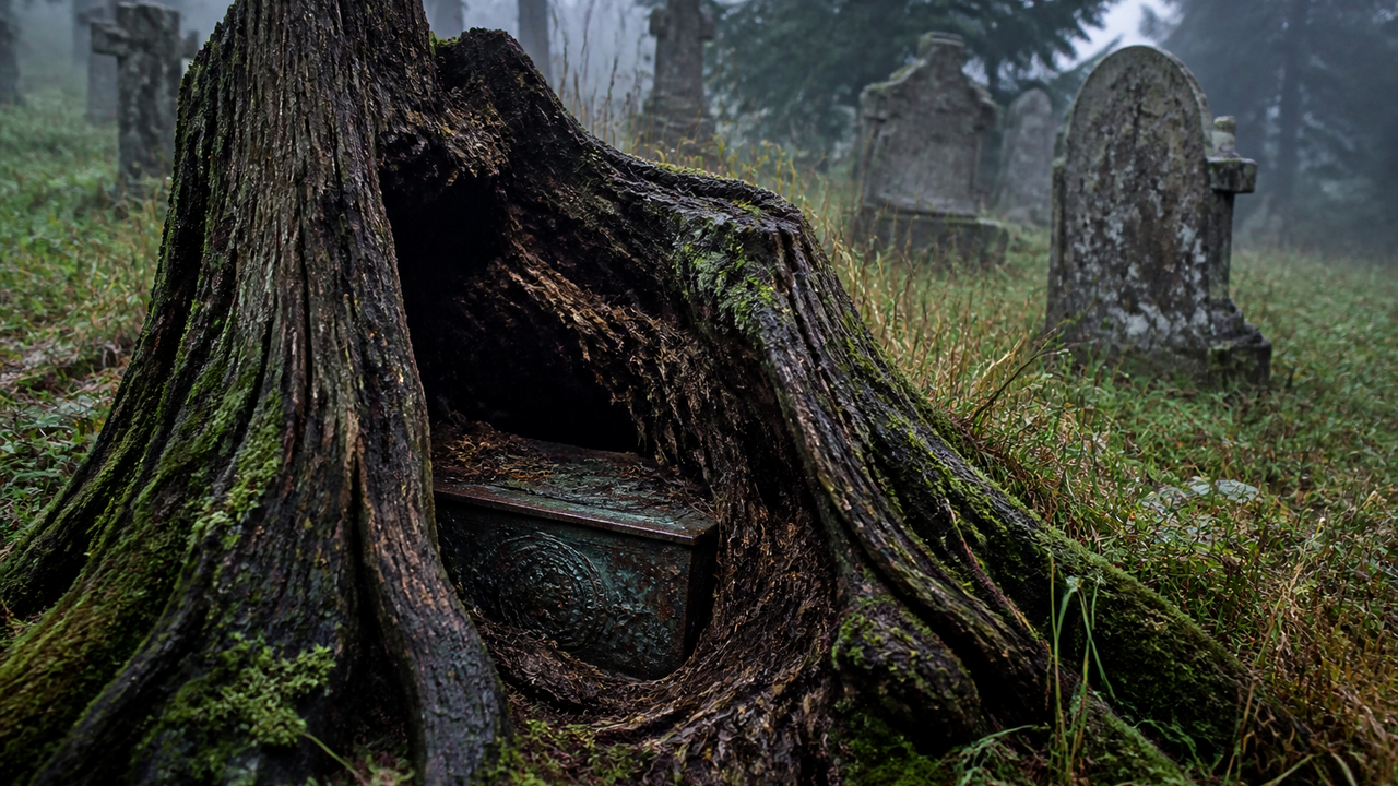 Fallen cemetery oak stump is cut open to reveal a shocking discovery inside