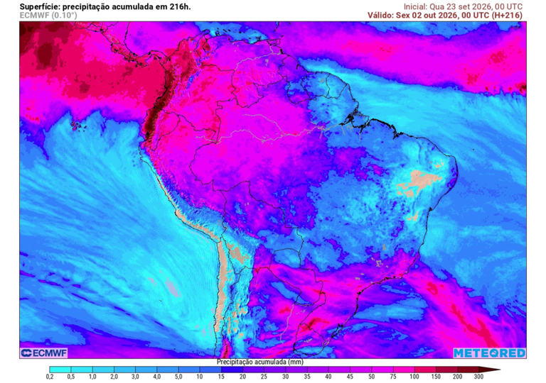 Previsão de chuva acumulada até o final da quinta-feira (1), segundo o ECMWF.