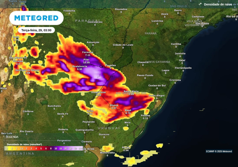 Previsão de tempestades para terça-feira (29), segundo o ECMWF.