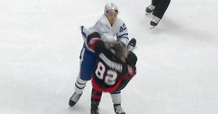 Leafs’ Landon Sim lands one-punch takedown in preseason fight!