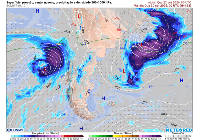 Previsão de formação de ciclone extratropical no oceano Atlântico, a sudeste da costa do Rio Grande do Sul e Uruguai para quarta-feira (30), segundo o ECMWF.