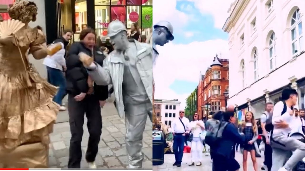Funny scares and pranks compilation from the Silver Man statue performance
