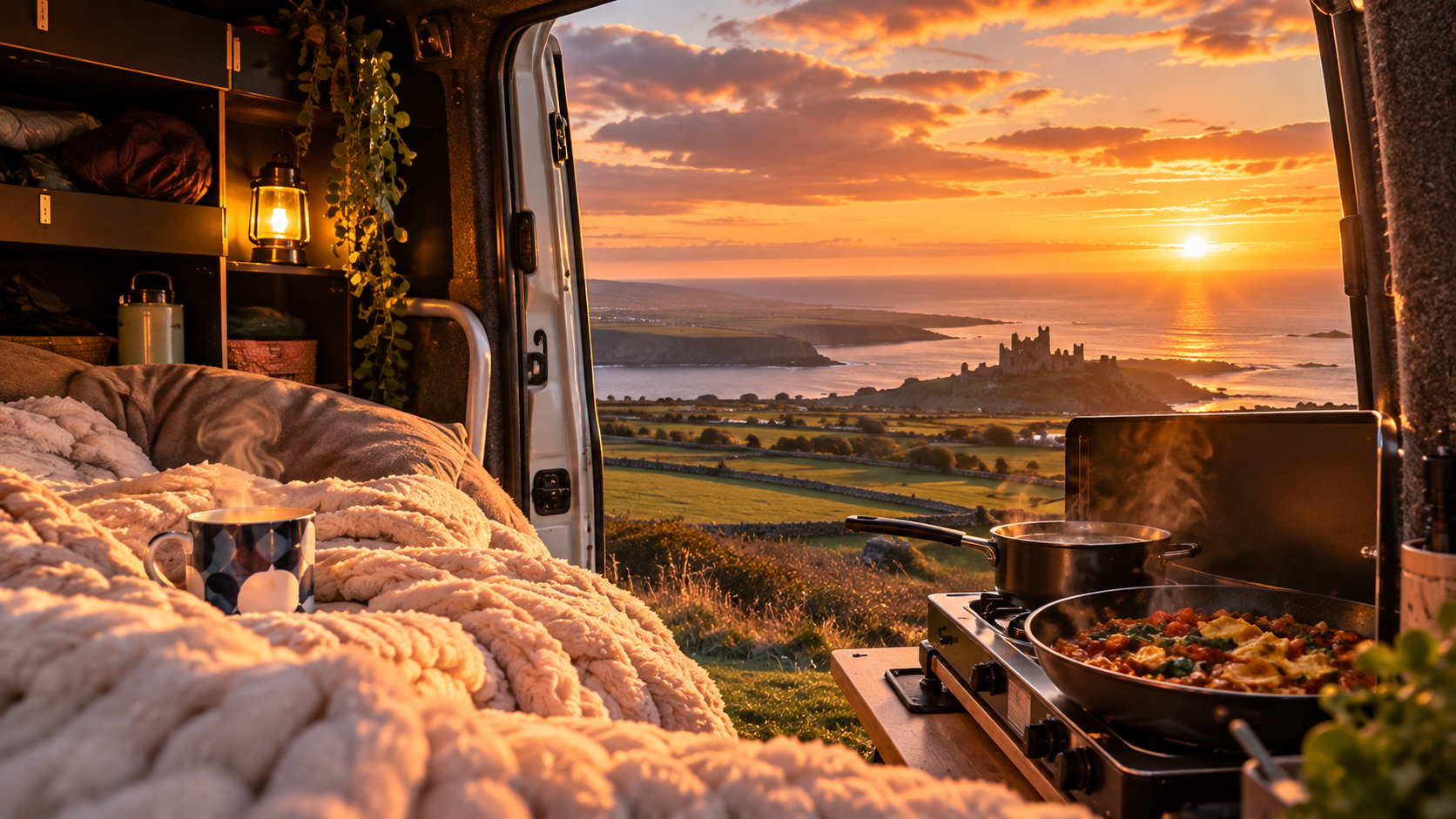 Solo winter van camping in a quiet coastal spot