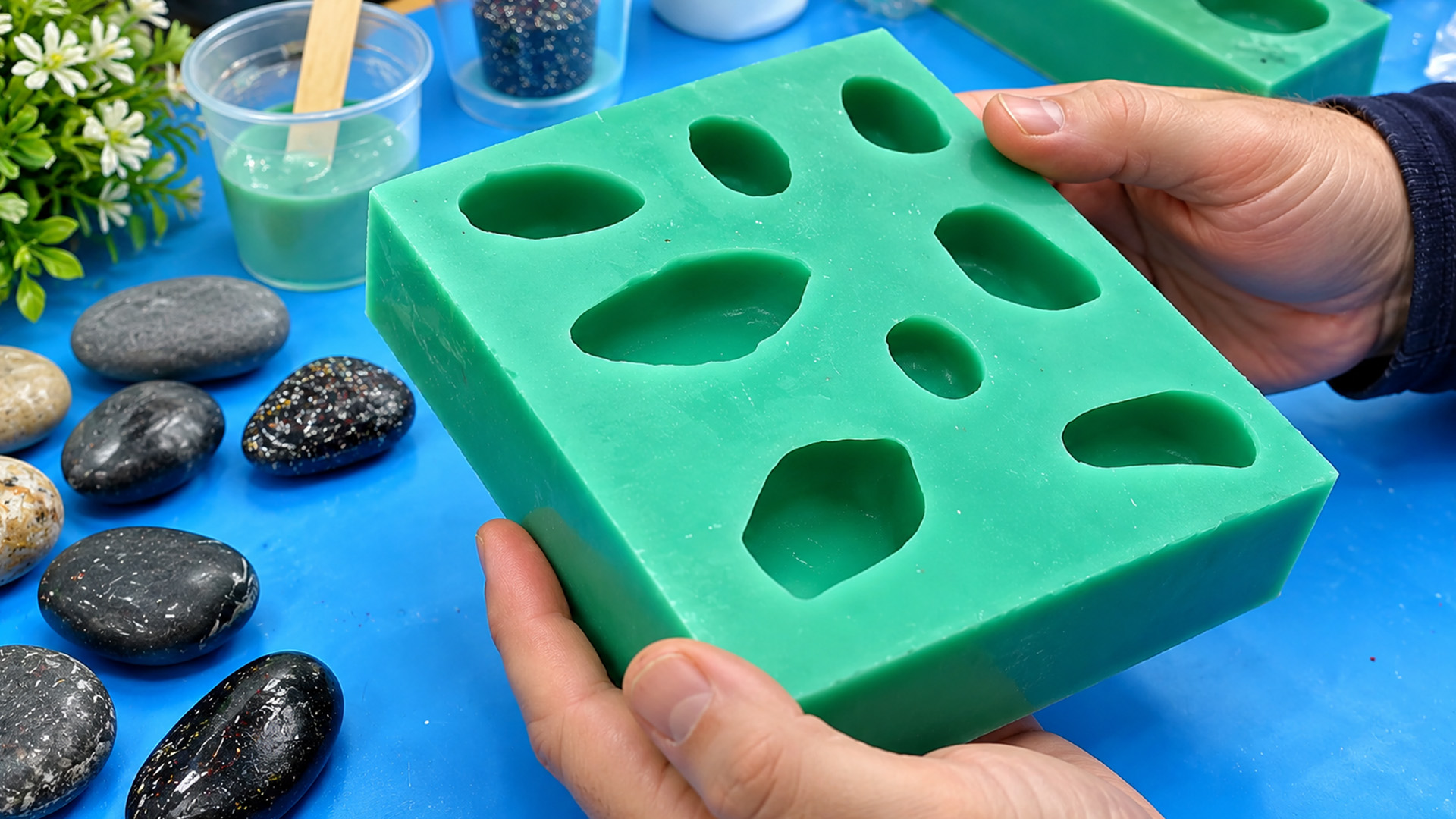 These resin pebbles started with real stones
