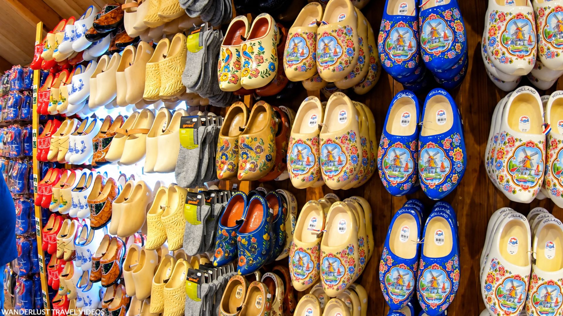 Traditional Dutch wooden clogs fill a Zaanse Schans shop (4K)