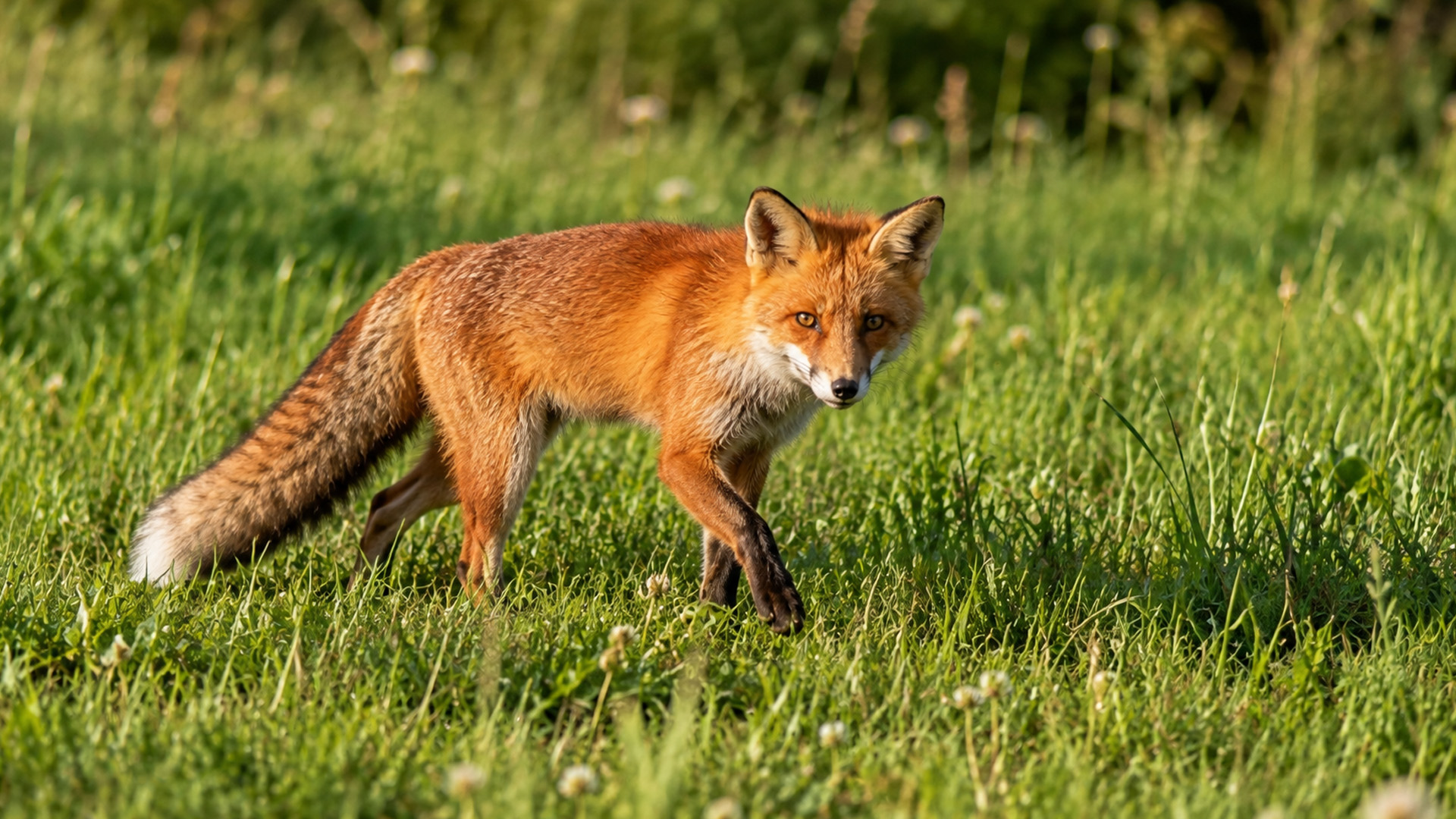 Hidden camera records a red fox patrolling a quiet green meadow