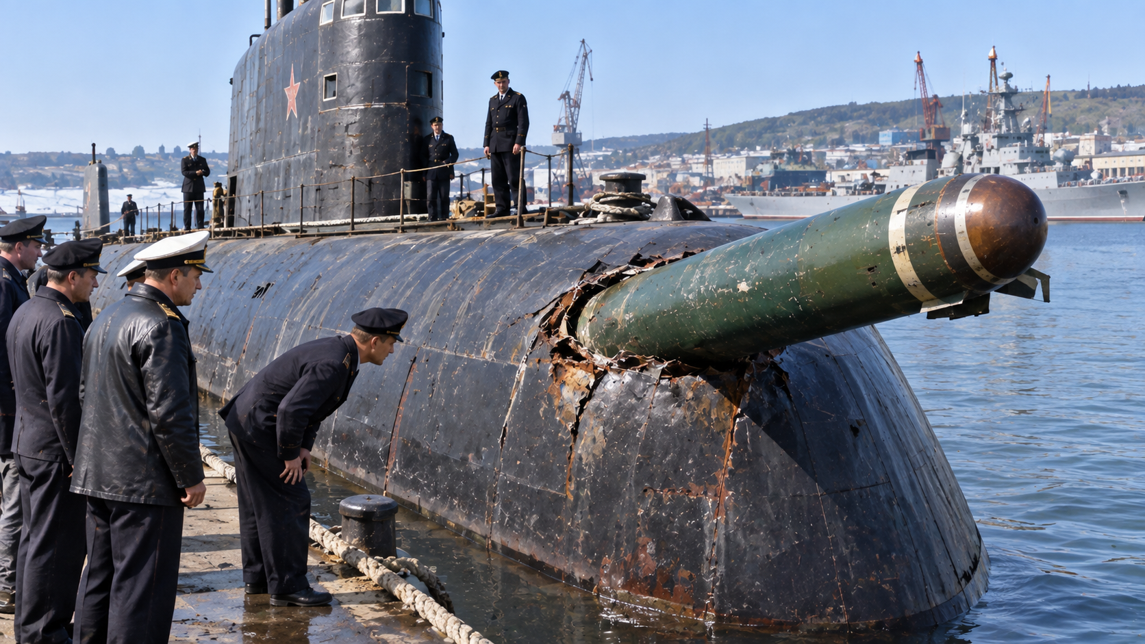 A torpedo hit this Soviet submarine. It came back to port still stuck ...