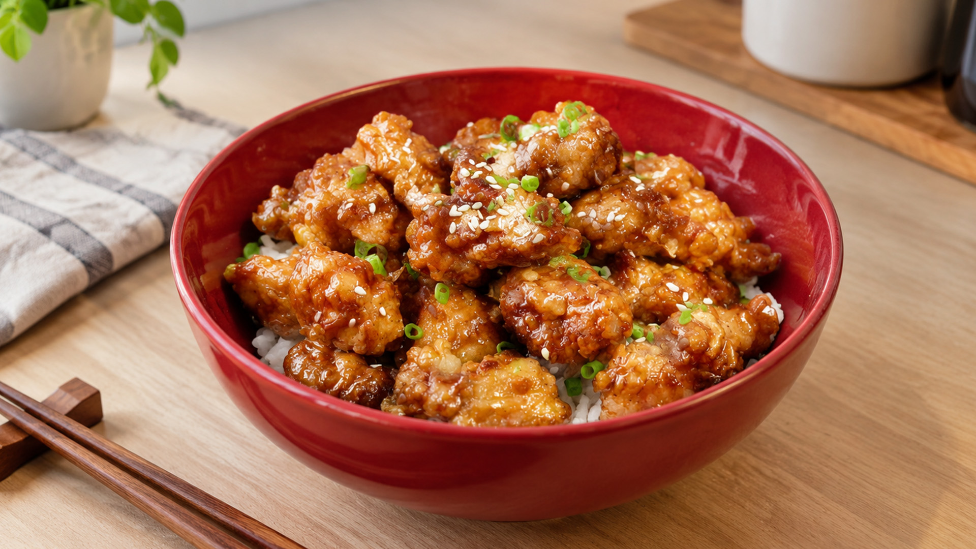 Golden crispy chicken coated in honey garlic sauce