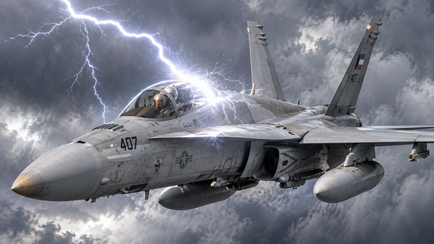 Lightning hit this F/A-18 in mid-air. The cockpit camera caught everything