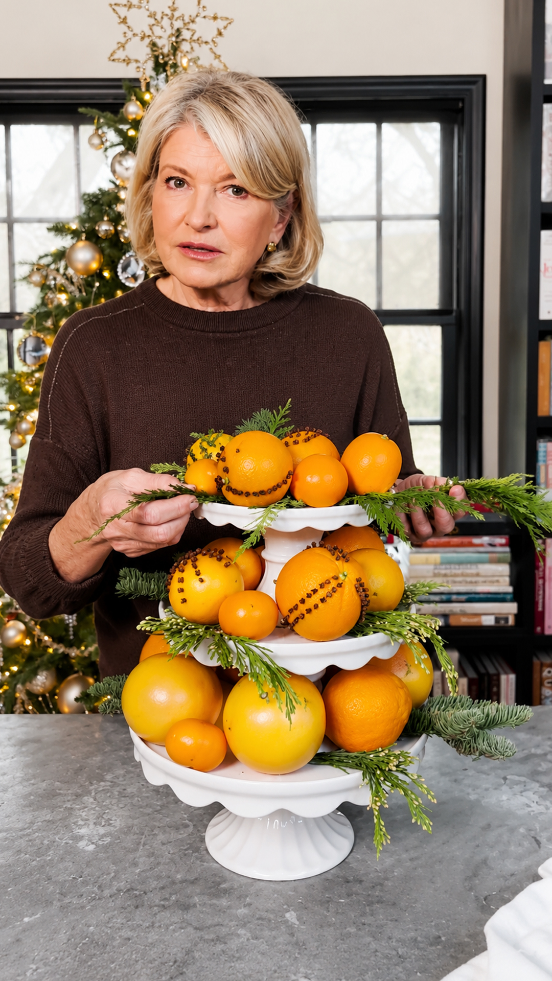 This citrus and evergreen centerpiece makes any holiday table special