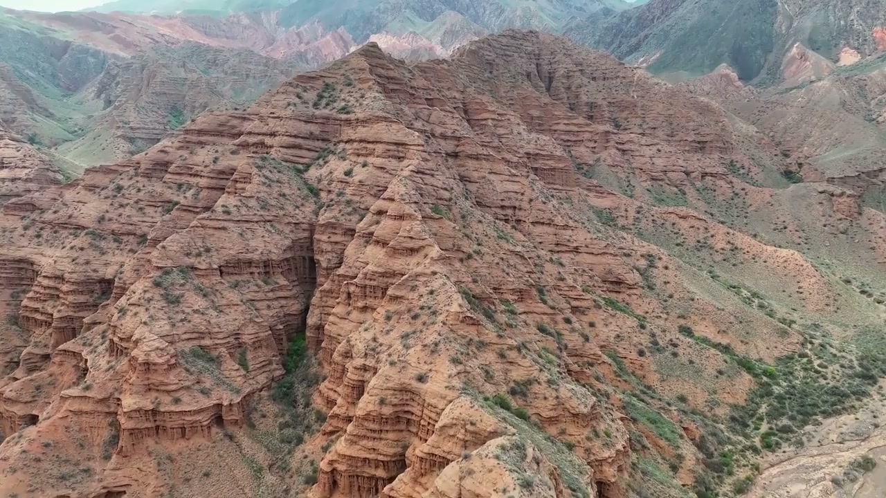 Drone views of rugged red rock formations, Konorchek Canyons, Kyrgyzstan