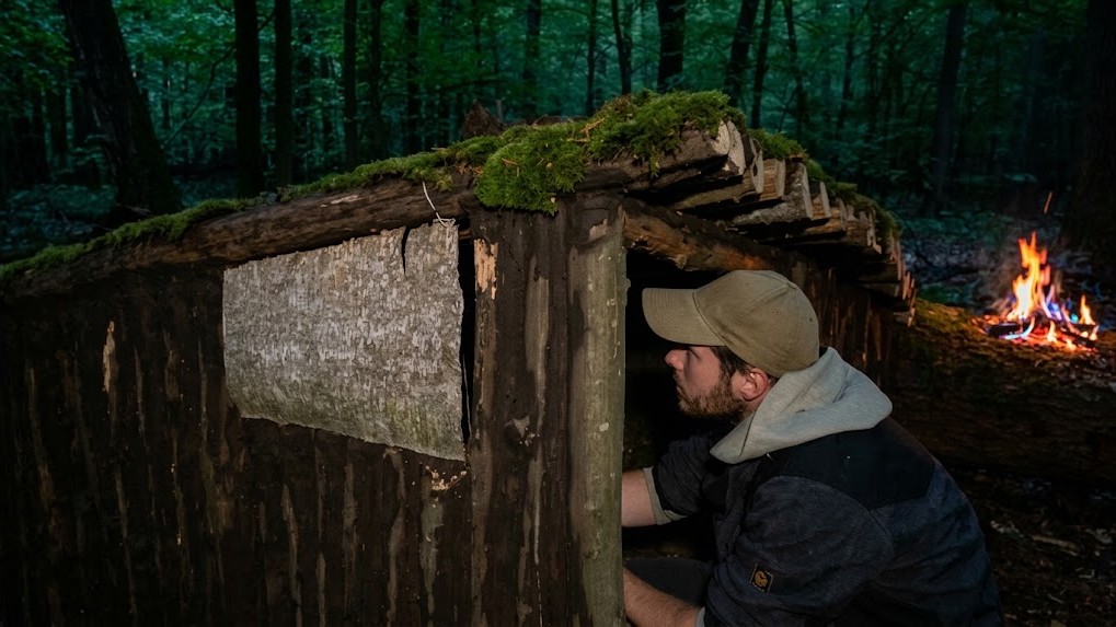 Building a primitive shelter beneath fallen tree roots