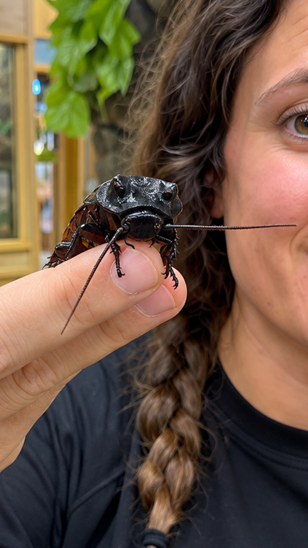 Holding a Madagascar hissing cockroach with horns