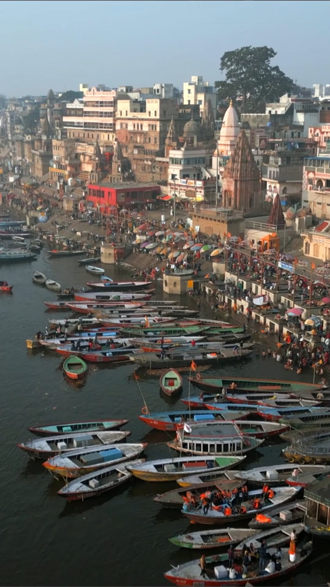 Peaceful drone journey over India’s sacred Ganges River in Varanasi