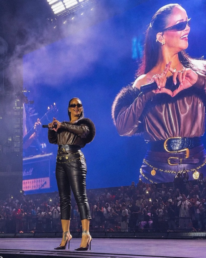 Rihanna teases unreleased Amina Muaddi style at A$AP Rocky's AWGE show