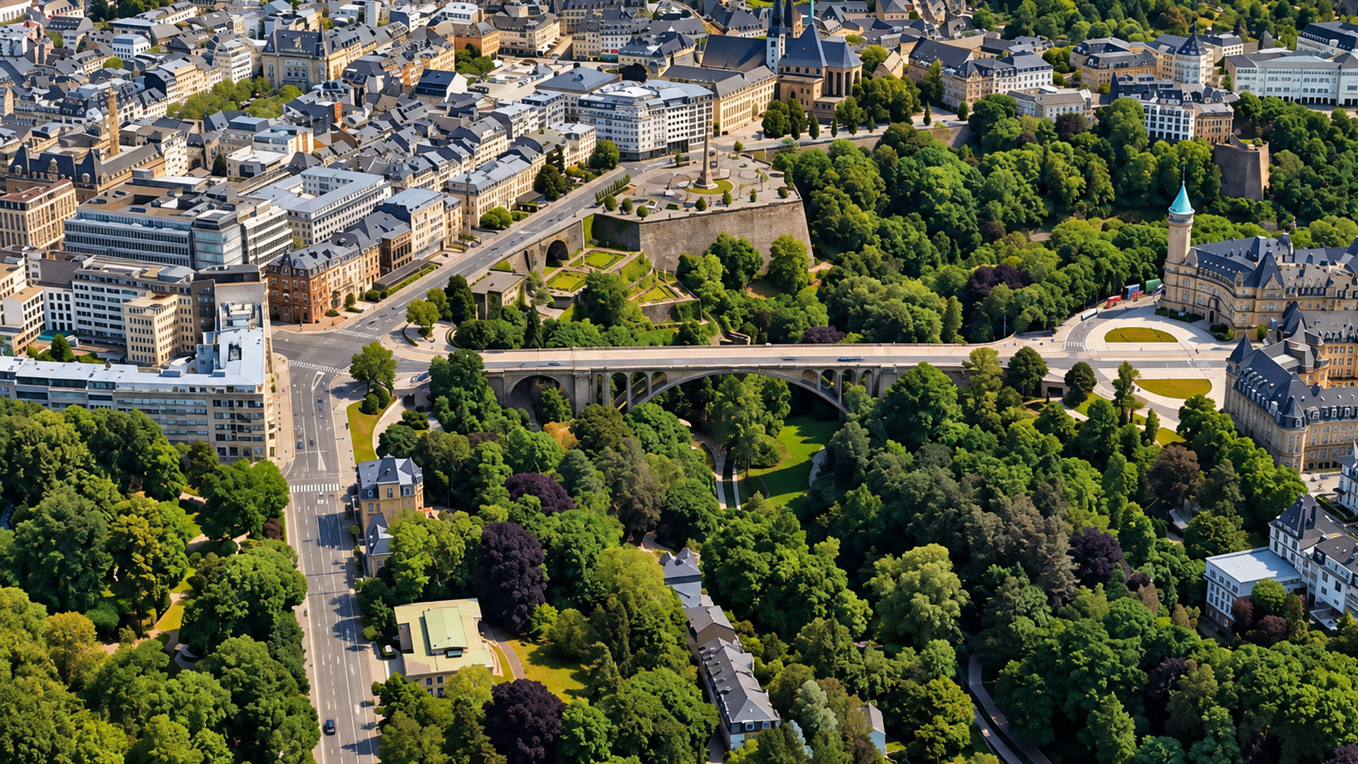 Pont Adolphe crossing the green valley of Luxembourg