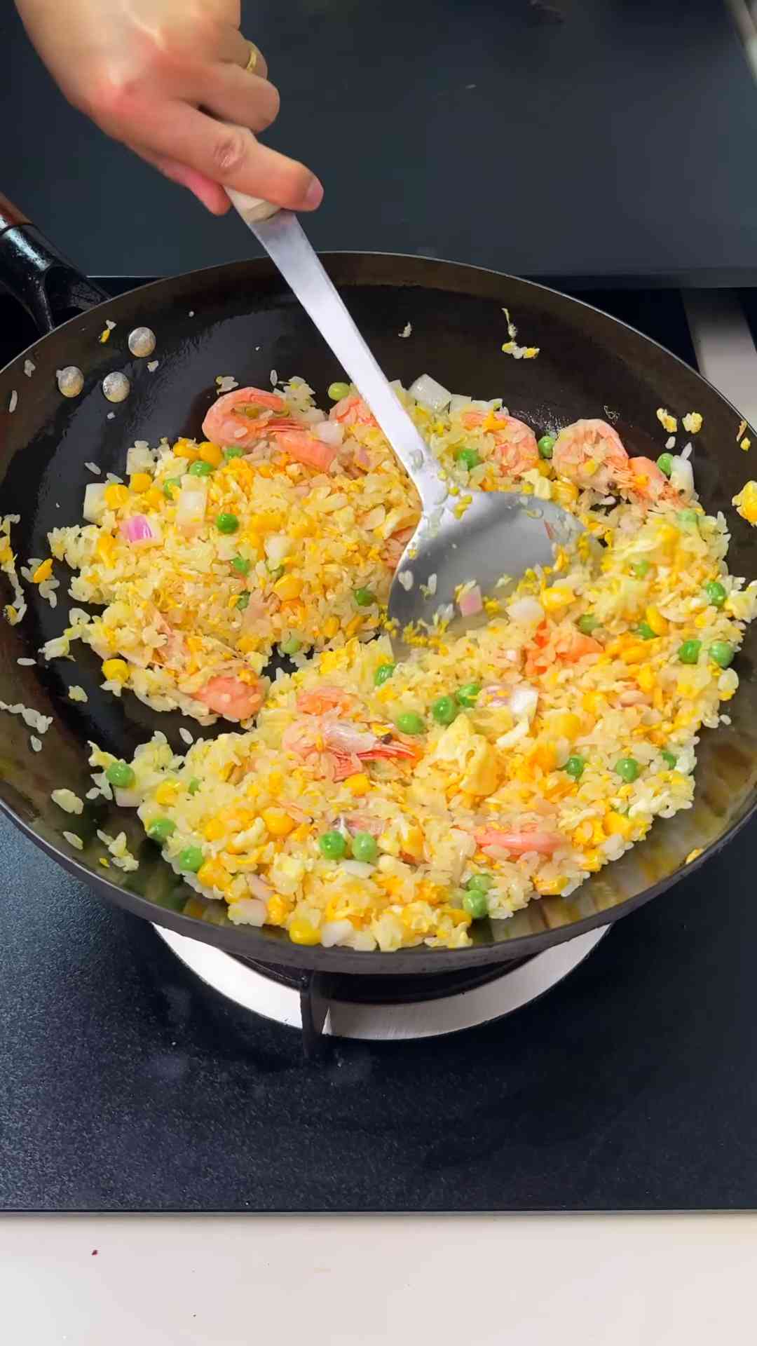 Quick shrimp fried rice with fresh ingredients