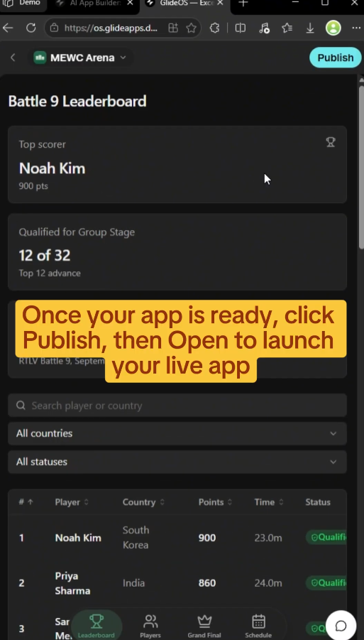 Turning a spreadsheet into a live tournament tracker app with Glide