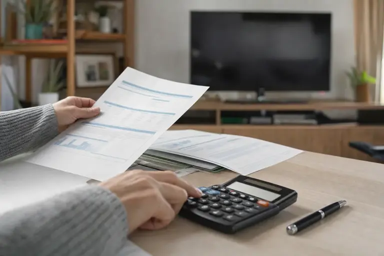 Documenti e calcolatrice sul tavolo di casa con la tv sullo sfondo, richiamo al canone in bolletta e al possibile taglio.