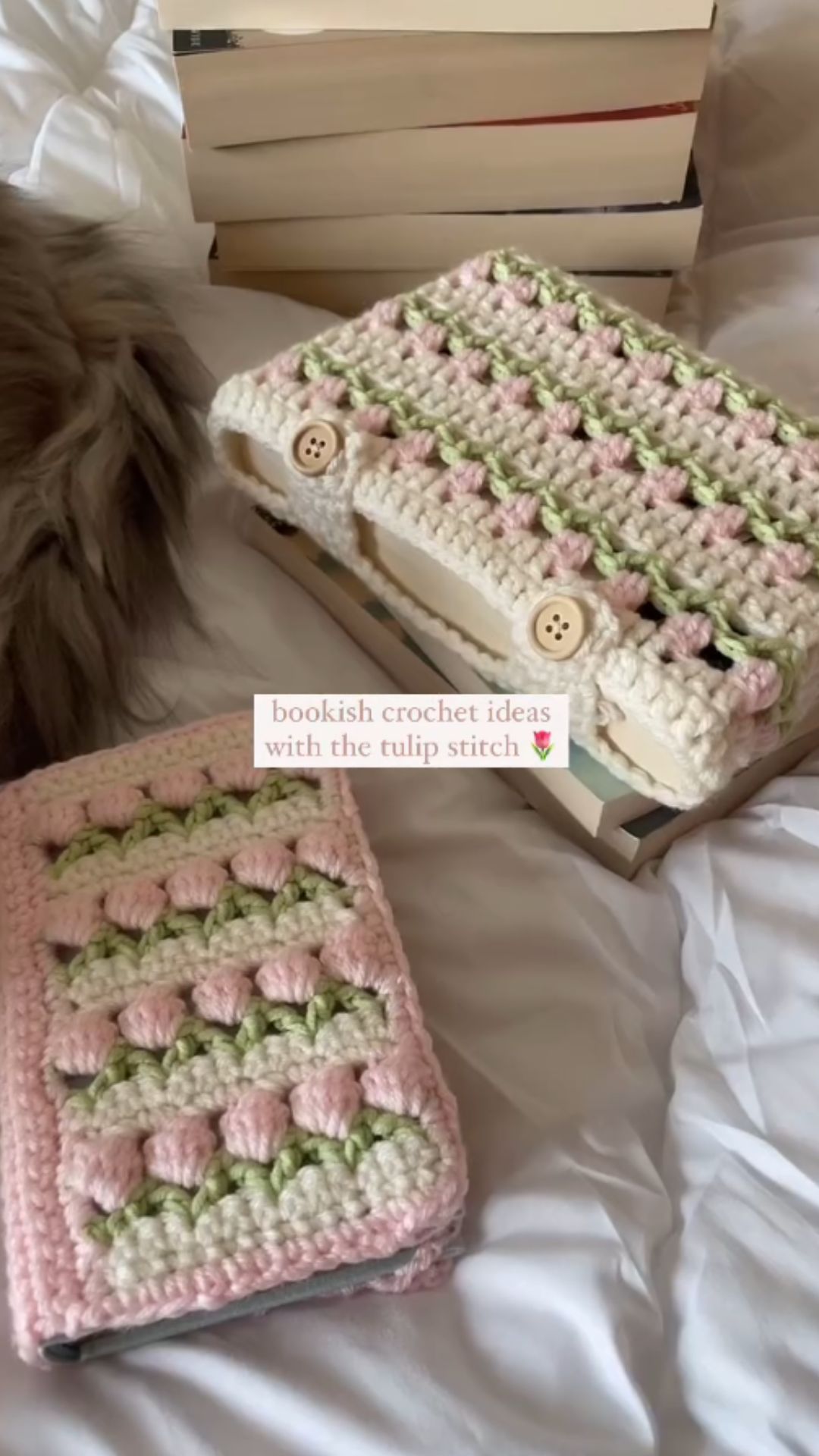 Crochet tulip book cover adds a creative handmade touch