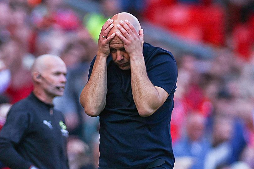 Arne Slot manager / head coach of Liverpool reacts during the Premier League match between Liverpool and Crystal Palace