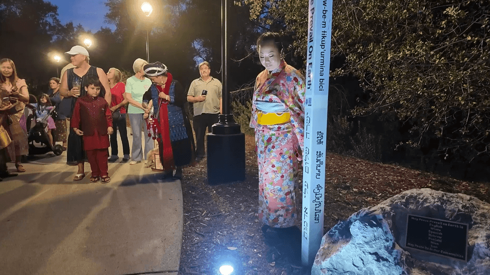 Peace pole dedicated near Sundial Bridge carries message in seven languages
