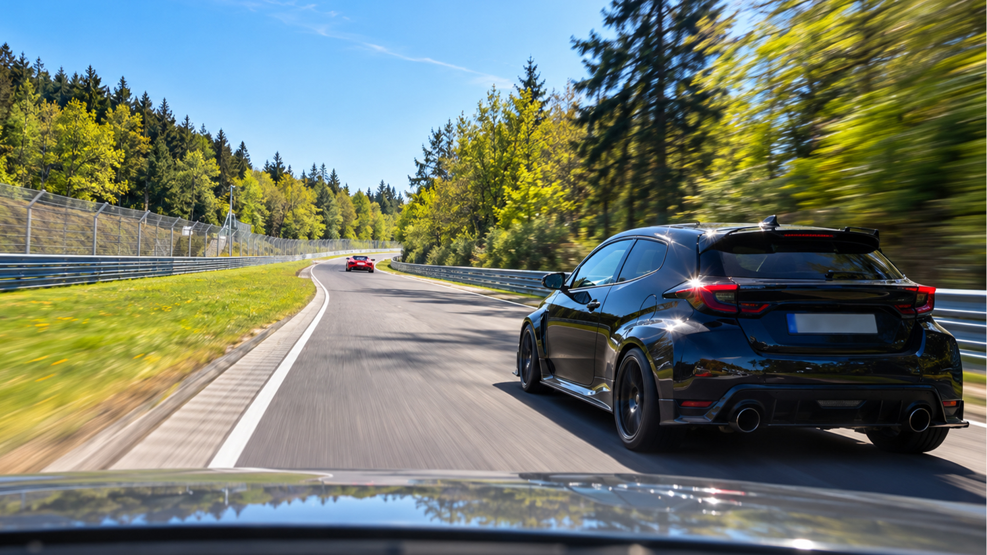 Hot hatch chases a red sports car on the Nürburgring