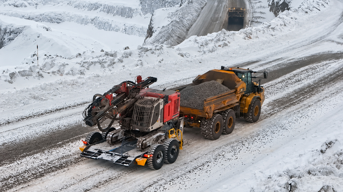 Underground mining machine transported through extreme snow