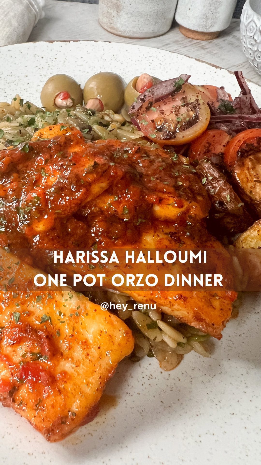 One pot harissa halloumi orzo for an easy dinner