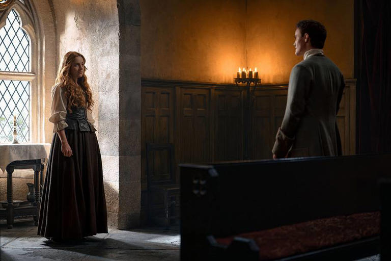 Harriet Slater (“Ellen MacKenzie”) and Séamus McLean Ross (“Colum MacKenzie”) in Outlander: Blood of My Blood season 2. | Photo credit: Robert Wilson.