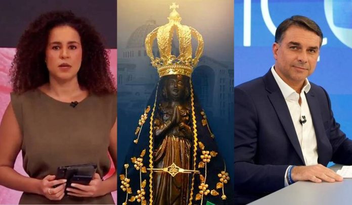 GloboNews desmente fake news sobre Nossa Senhora Aparecida e Flávio Bolsonaro – Fotos: Reprodução GloboNews/Globo