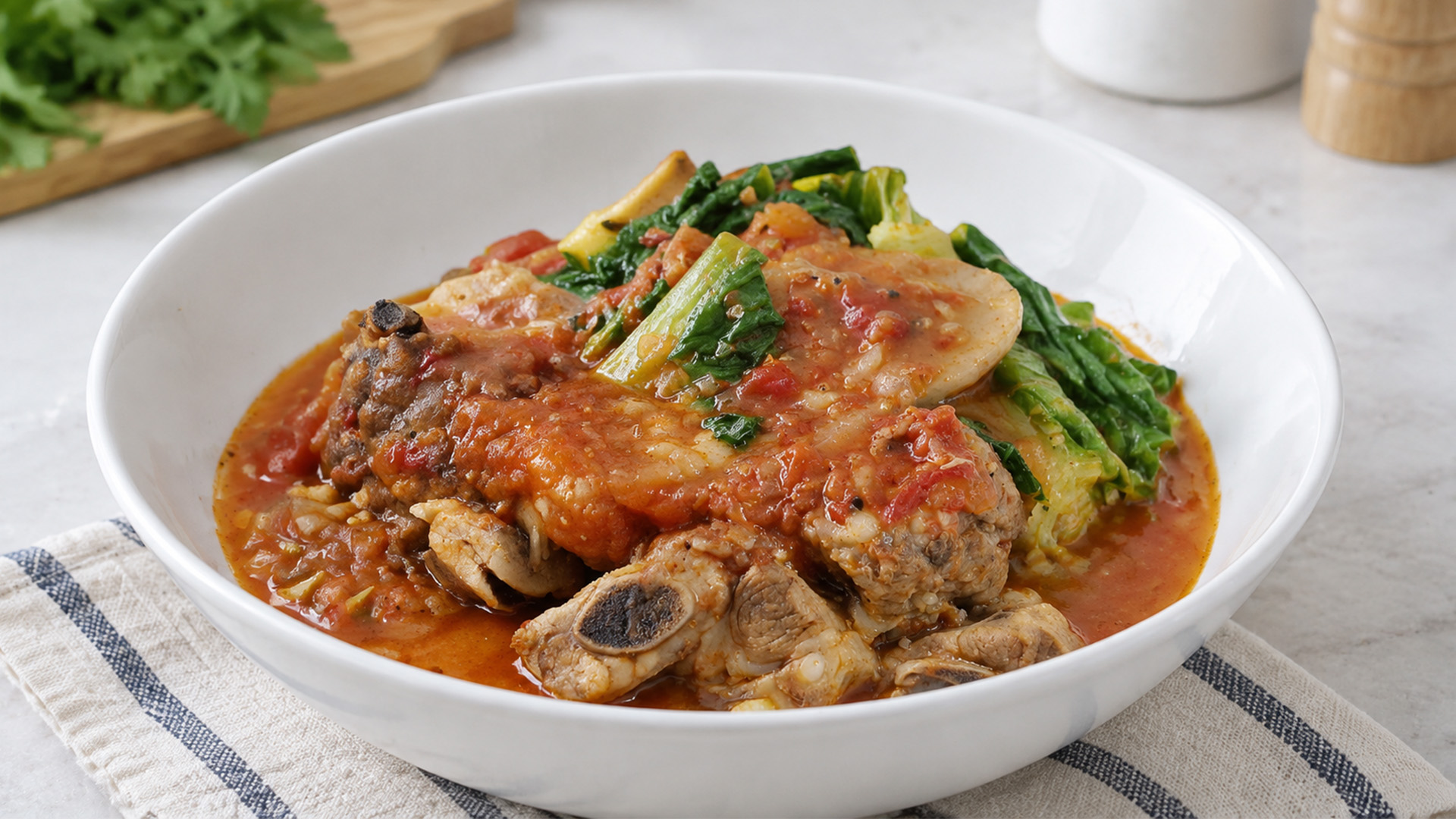 Tender pork ribs with fresh tomatoes and vegetables