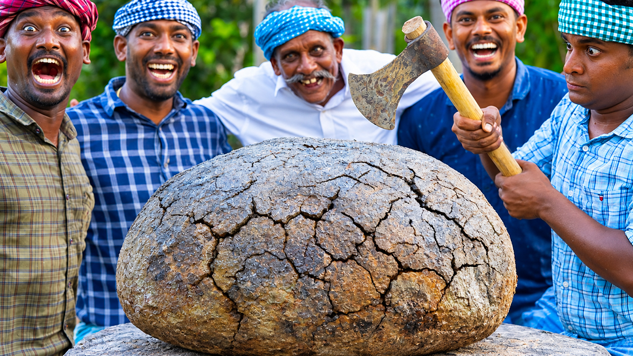 Traditional village-style mud-covered full goat cooking over direct ...