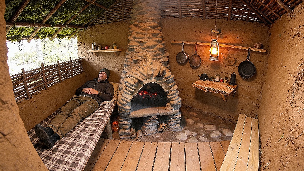 Building a warm & cozy clay house in the forest | start to finish
