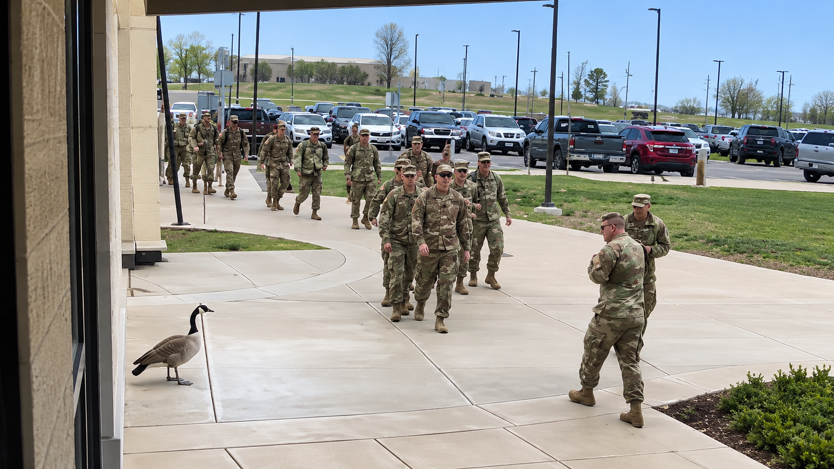 Goose Steve intimidates a group of soldiers