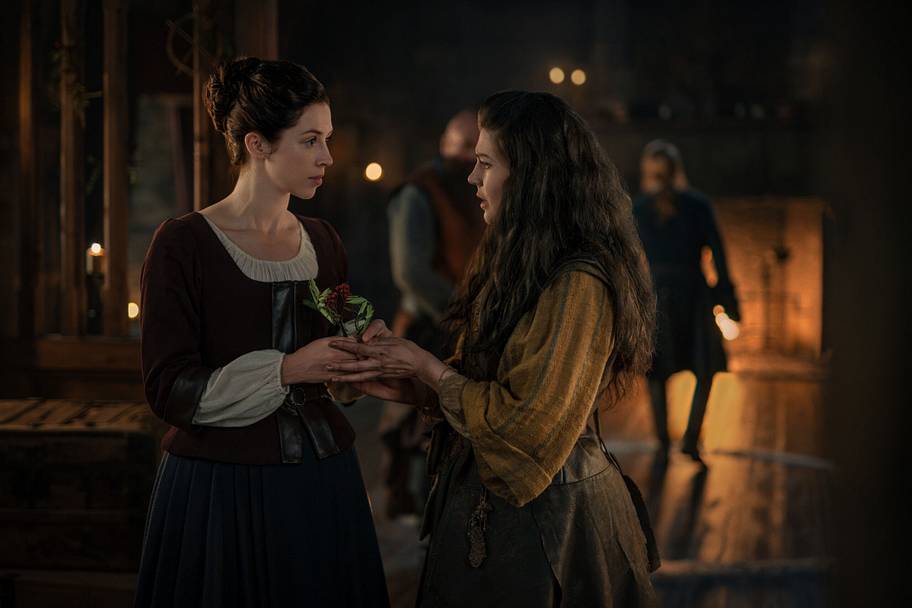 Hermione Corfield (“Julia Moriston Beauchamp”), Charlie Allan (“Balloch”), Katharine O’Donnelly (“Maisri”), and Tony Curran (“Simon Fraser ‘Lord Lovat’”) in Outlander: Blood of My Blood season 2. | Photo credit: Robert Wilson.