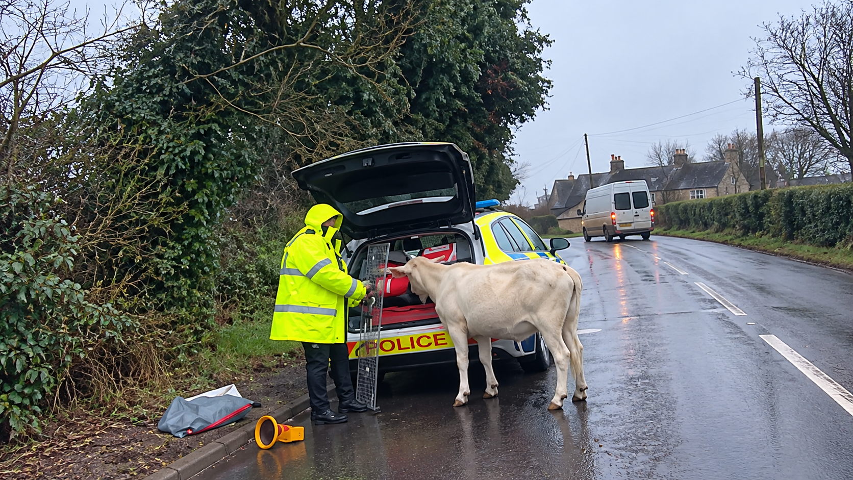 Police use riot shields to stop a runaway goat