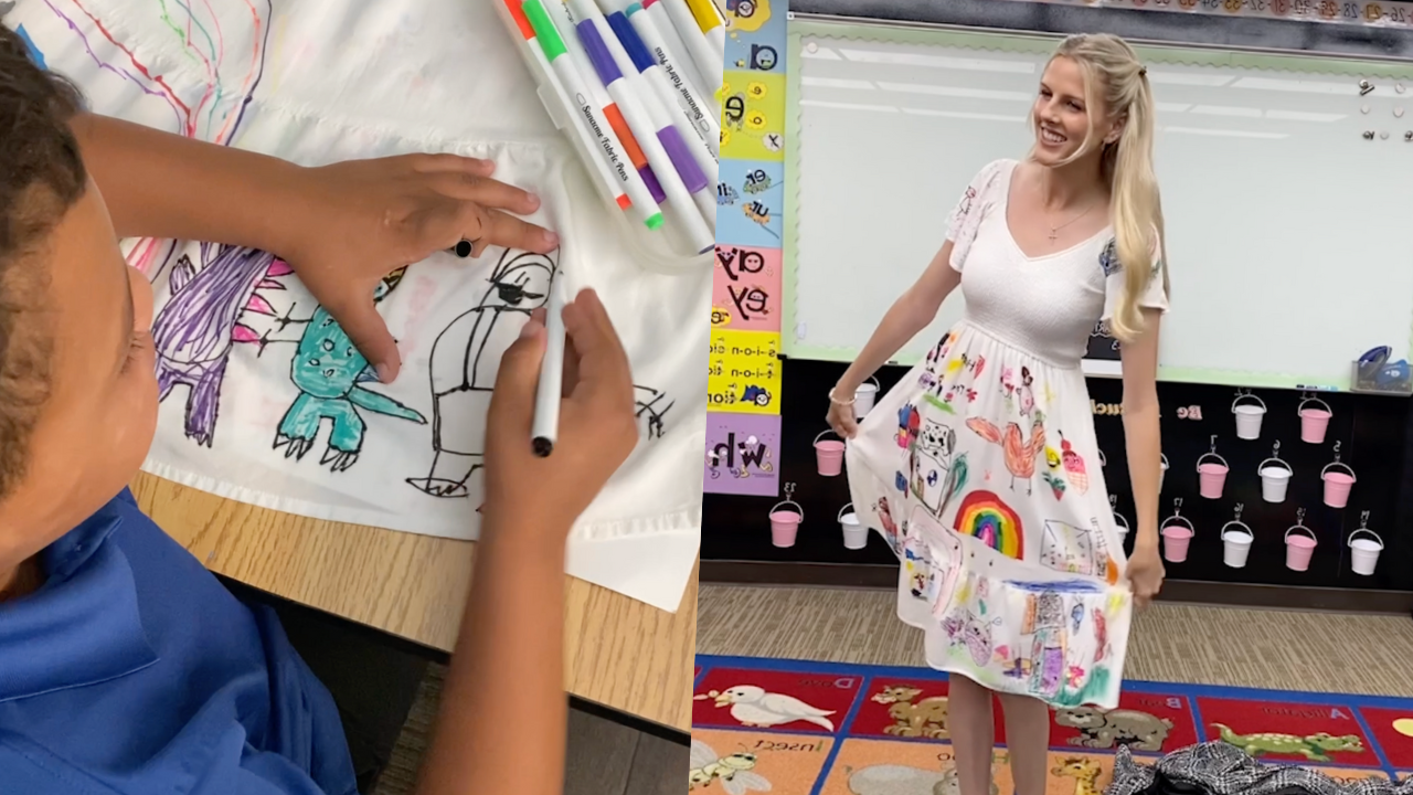 Kindergarten teacher lets first ever class draw on her dress to ...