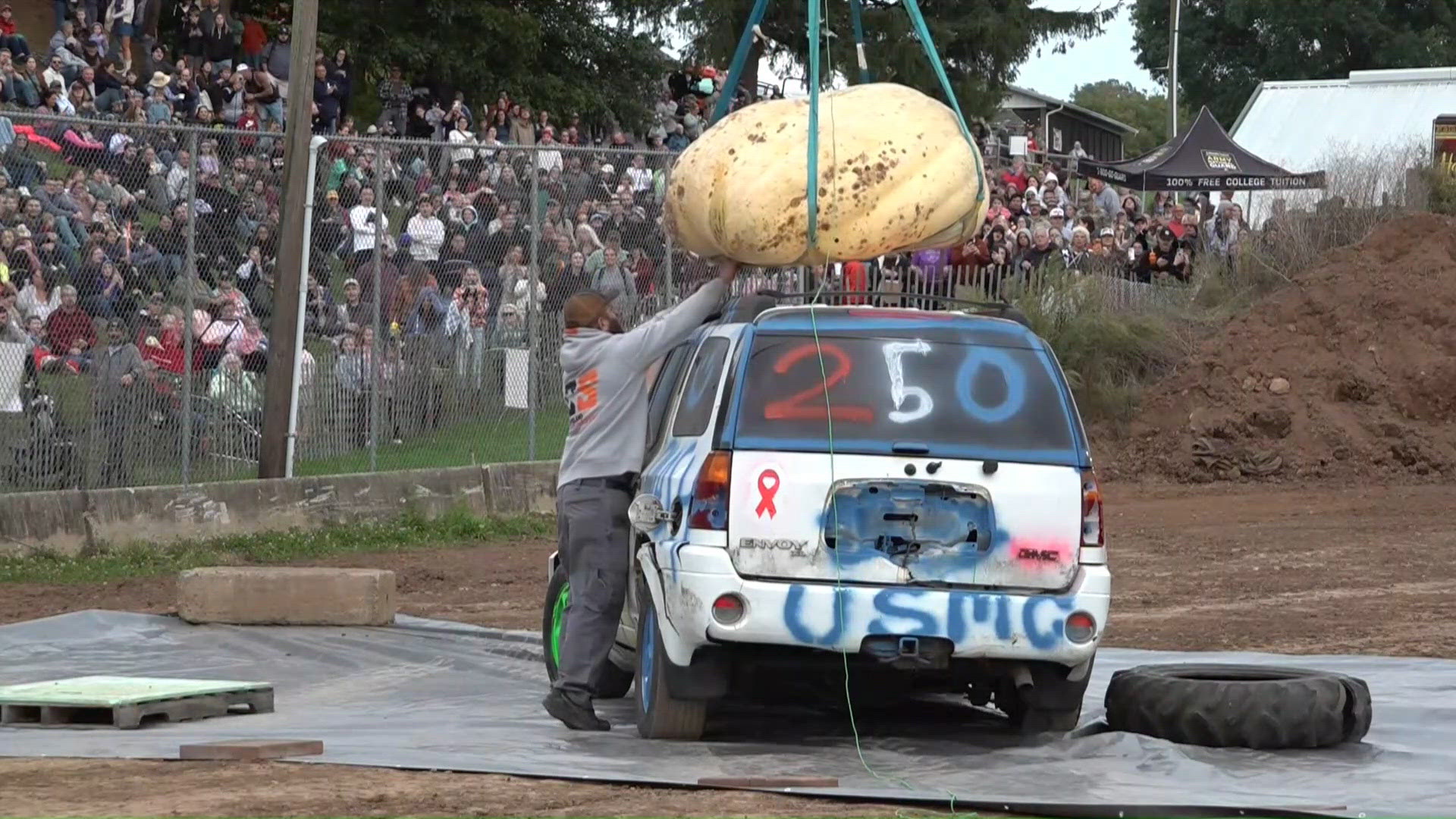 Hundreds gathered for the Durham Fair 120 foot pumpkin drop