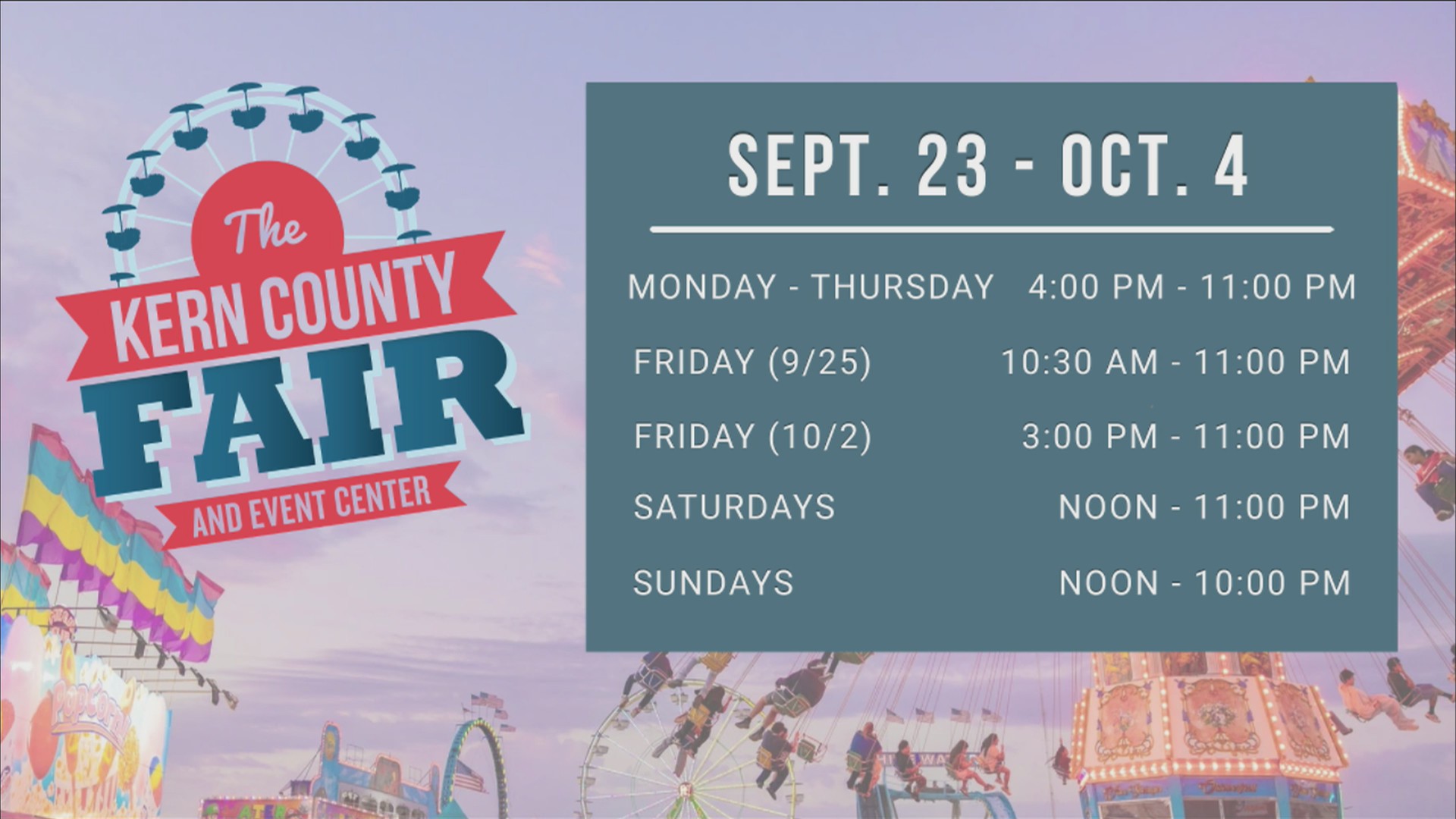 Hours of operation and parking information for the 2026 Kern County Fair