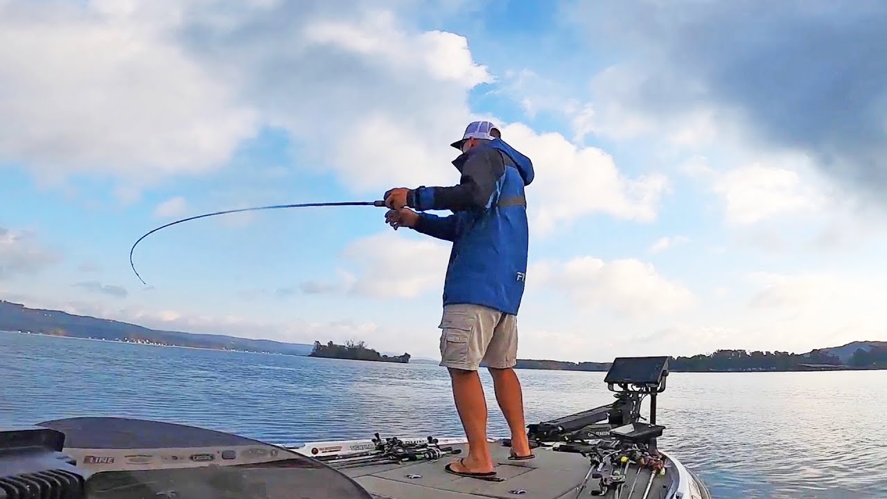 Hooked up bass fishing on Lake Guntersville